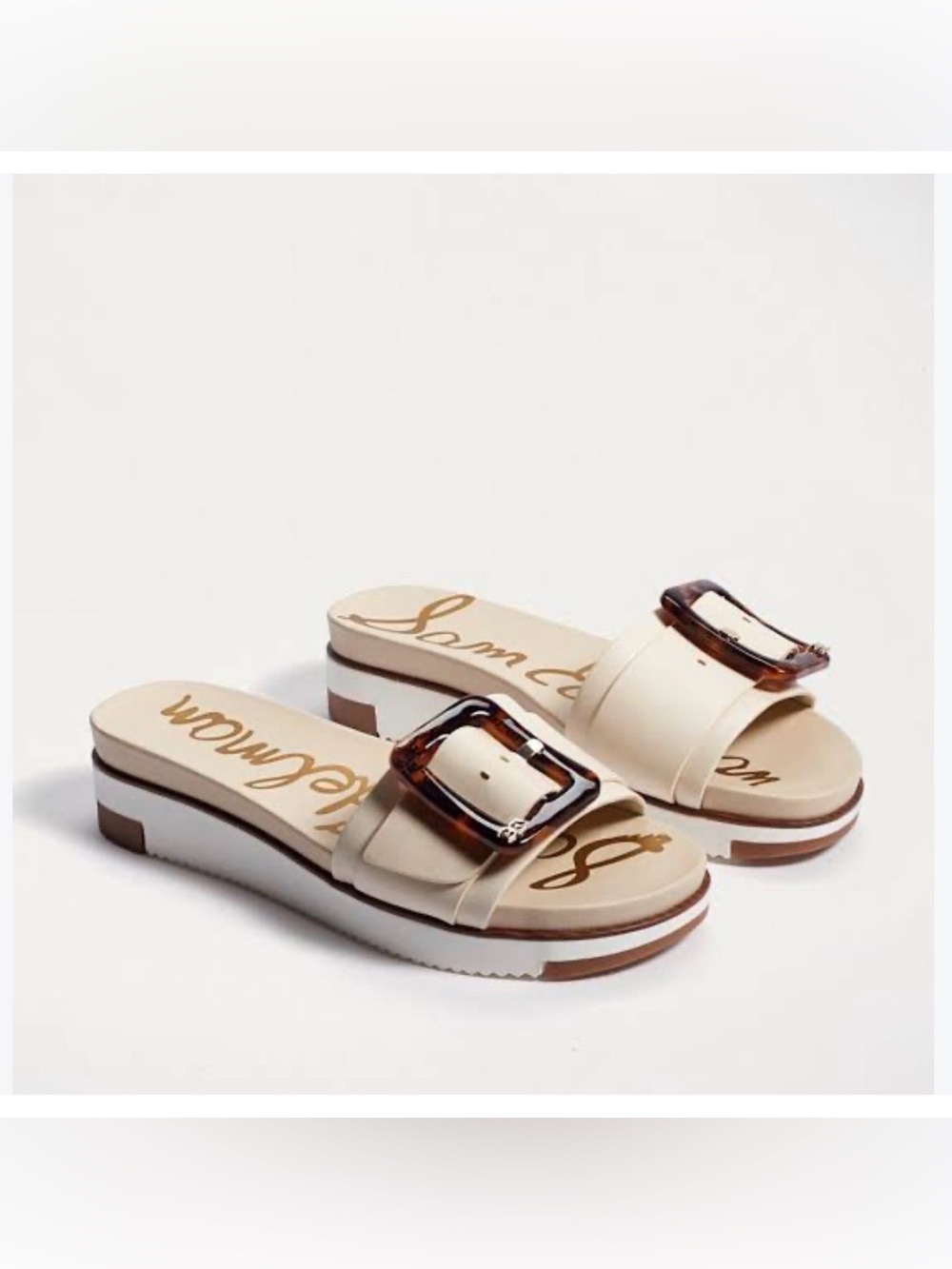 Sam Edelman ARIANE Cream Slide Sandals with Tortoiseshell Buckle Accent
